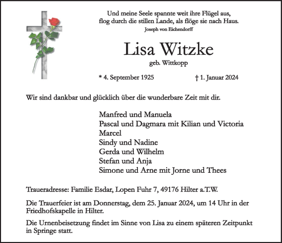 Traueranzeige von Lisa Witzke von Neue Deister-Zeitung