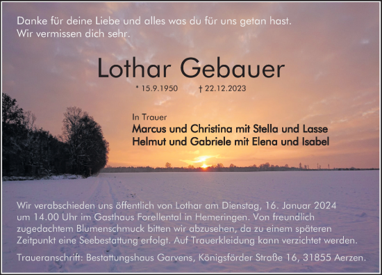 Traueranzeige von Lothar Gebauer von Deister- und Weserzeitung