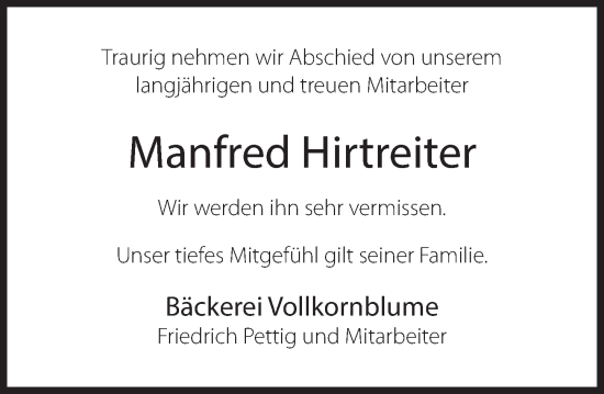 Traueranzeige von Manfred Hirtreiter von Deister- und Weserzeitung