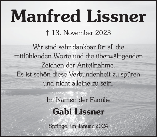 Traueranzeige von Manfred Lissner von Neue Deister-Zeitung
