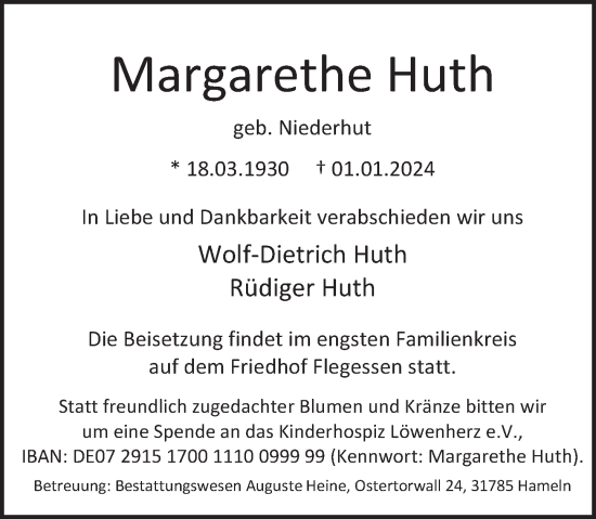 Traueranzeige von Margarethe Huth von Deister- und Weserzeitung