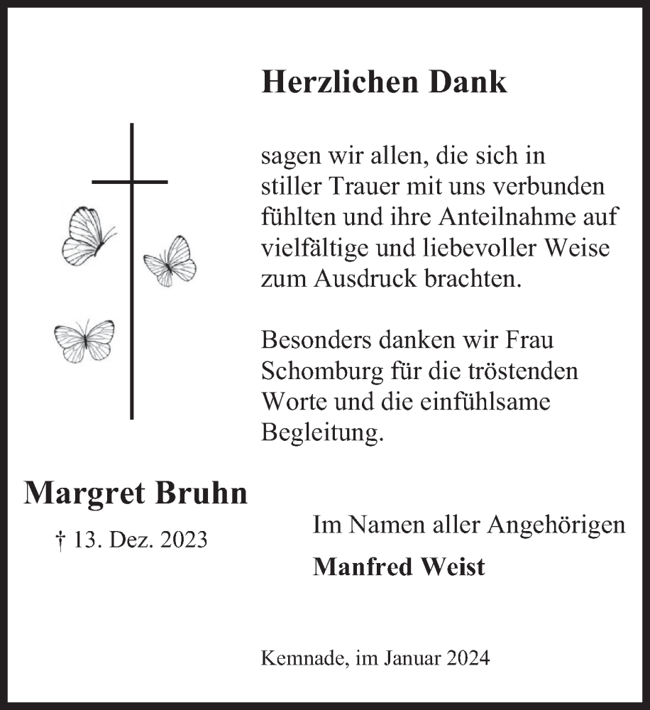  Traueranzeige für Margret Bruhn vom 19.01.2024 aus Deister- und Weserzeitung