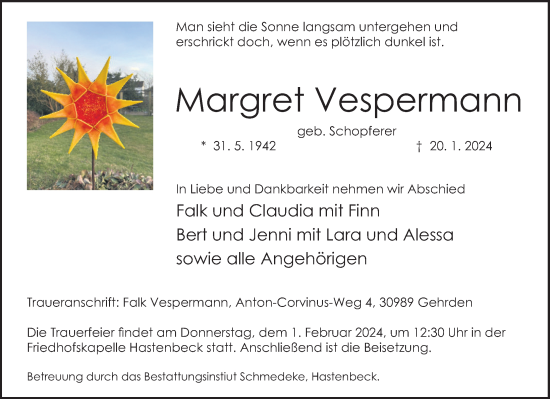 Traueranzeige von Margret Vespermann von Deister- und Weserzeitung