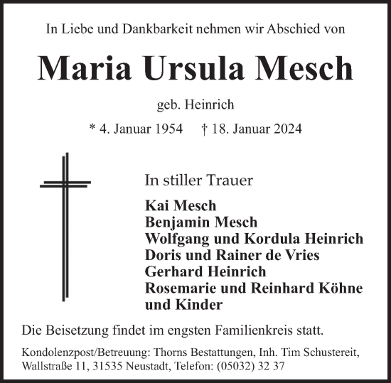 Traueranzeige von Maria Ursula Mesch von Neue Deister-Zeitung