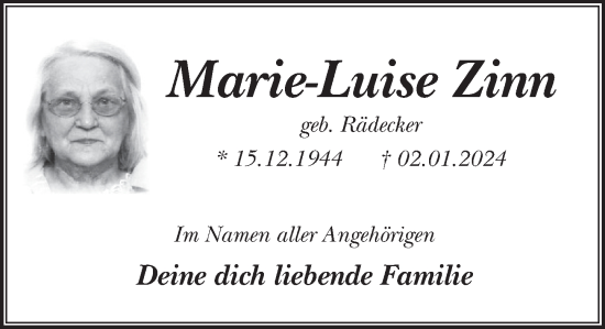 Traueranzeige von Marie-Luise Zinn von Deister- und Weserzeitung