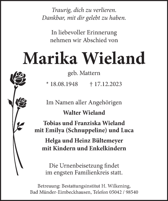 Traueranzeige von Marika Wieland von Neue Deister-Zeitung