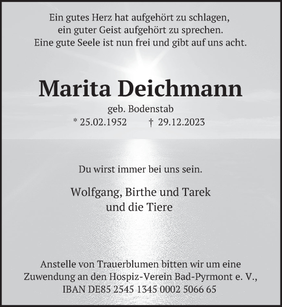 Traueranzeige von Marita Deichmann von Deister- und Weserzeitung