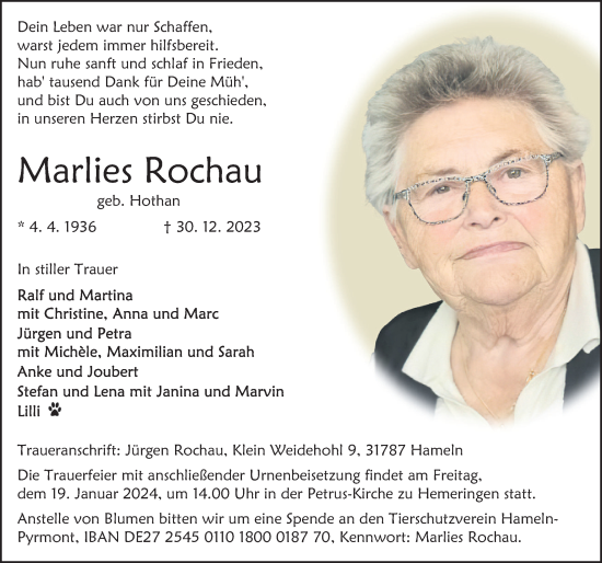 Traueranzeige von Marlies Rochau von Deister- und Weserzeitung