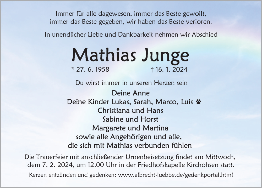  Traueranzeige für Mathias Junge vom 03.02.2024 aus Deister- und Weserzeitung