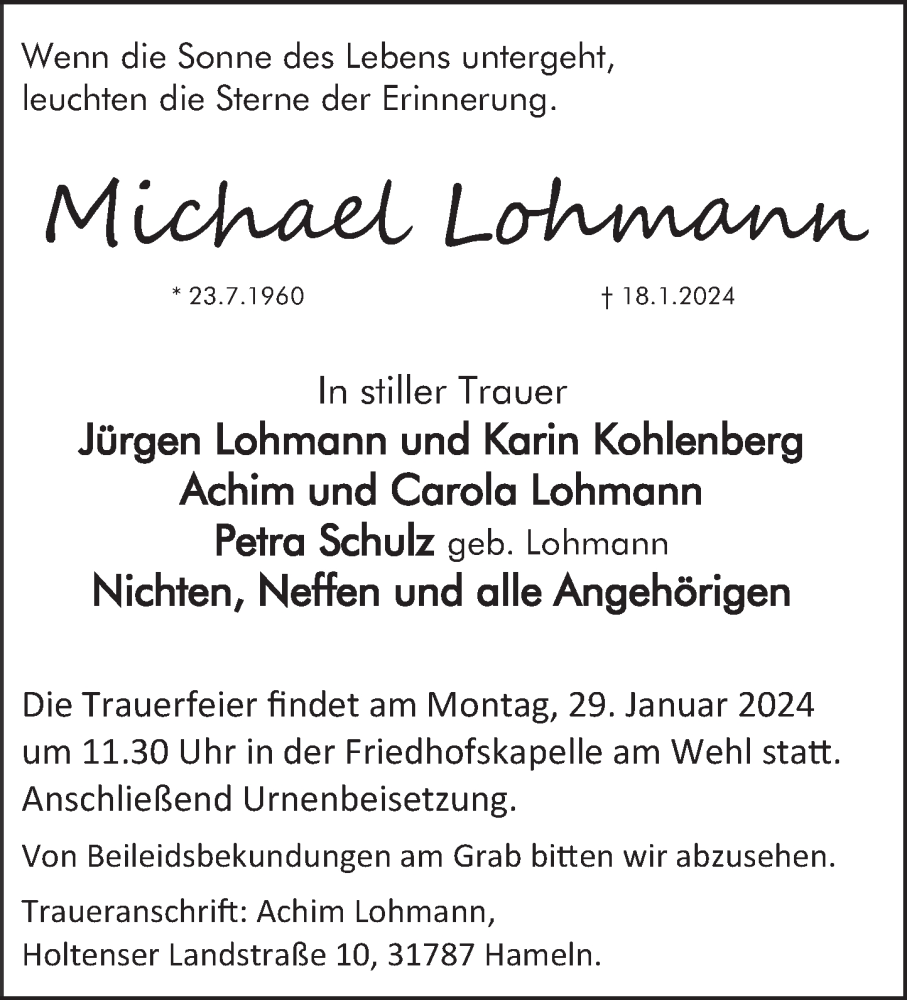  Traueranzeige für Michael Lohmann vom 27.01.2024 aus Deister- und Weserzeitung