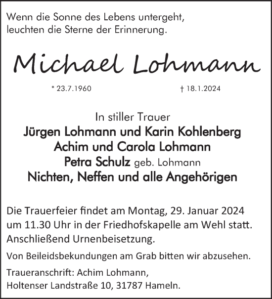 Traueranzeige von Michael Lohmann von Deister- und Weserzeitung
