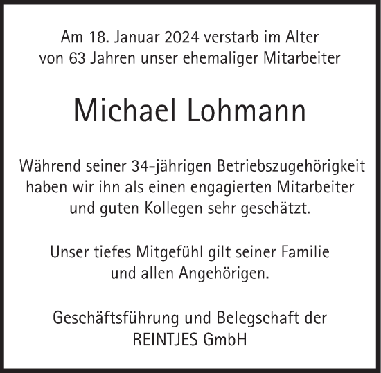 Traueranzeige von Michael Lohmann von Deister- und Weserzeitung