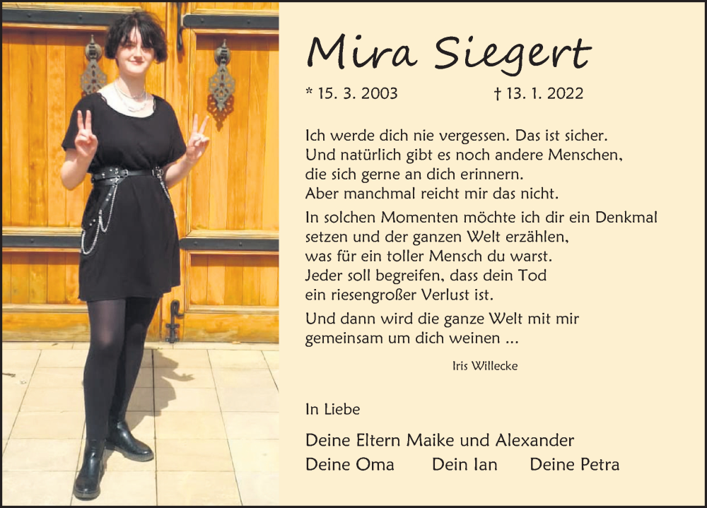  Traueranzeige für Mira Siegert vom 13.01.2024 aus Deister- und Weserzeitung