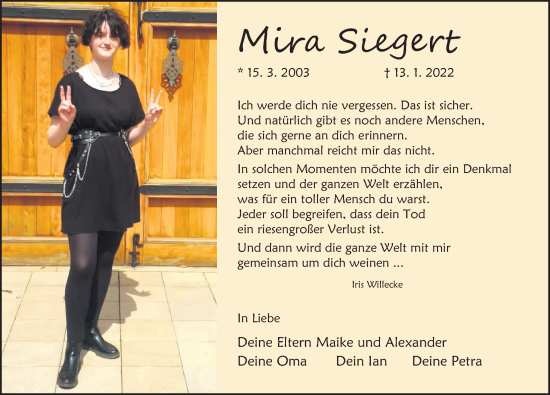 Traueranzeige von Mira Siegert von Deister- und Weserzeitung