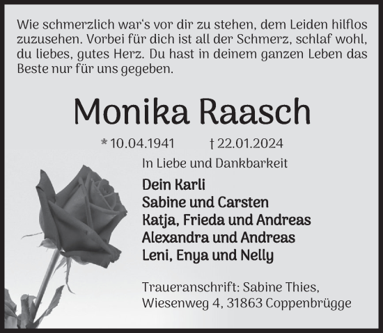 Traueranzeige von Monika Raasch von Deister- und Weserzeitung