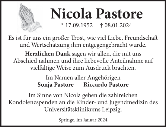 Traueranzeige von Nicola Pastore von Neue Deister-Zeitung