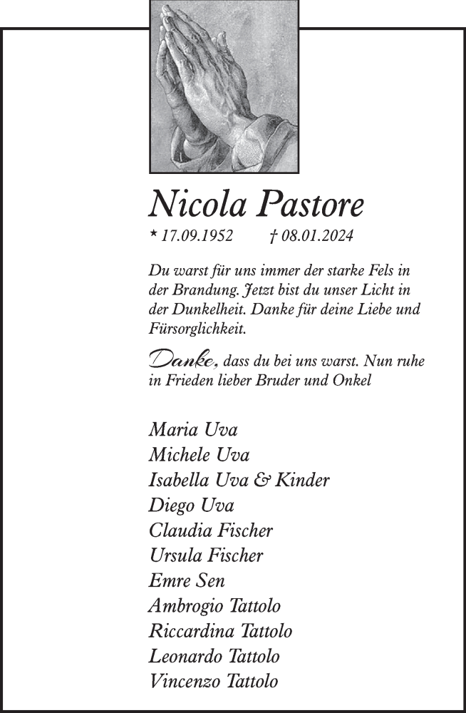  Traueranzeige für Nicola Pastore vom 13.01.2024 aus Deister- und Weserzeitung