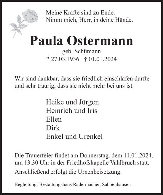 Traueranzeige von Paula Ostermann von Deister- und Weserzeitung
