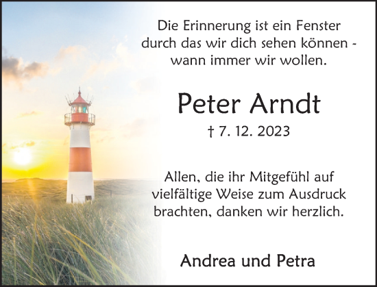 Traueranzeige von Peter Arndt von Deister- und Weserzeitung