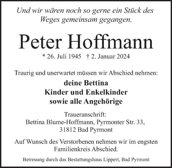 Traueranzeige von Peter Hoffmann von Deister- und Weserzeitung