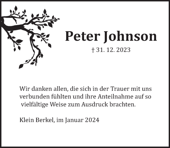 Traueranzeige von Peter Johnson von Deister- und Weserzeitung