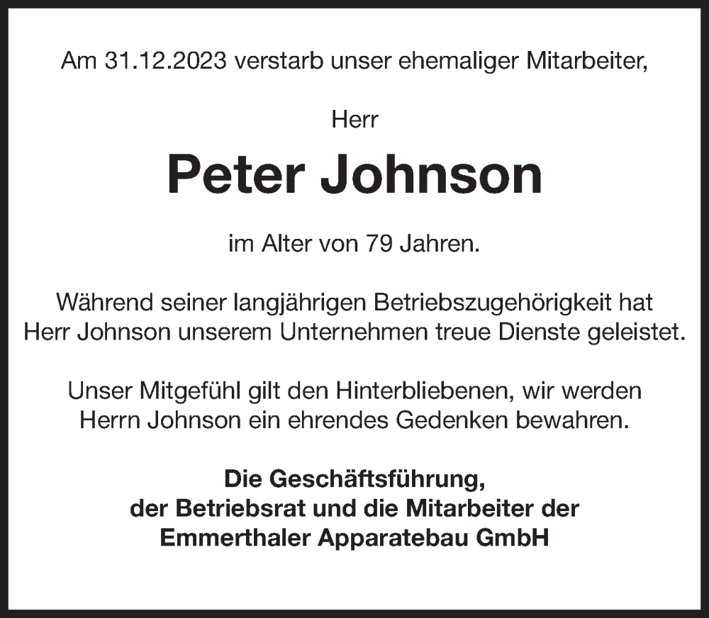  Traueranzeige für Peter Johnson vom 06.01.2024 aus Deister- und Weserzeitung
