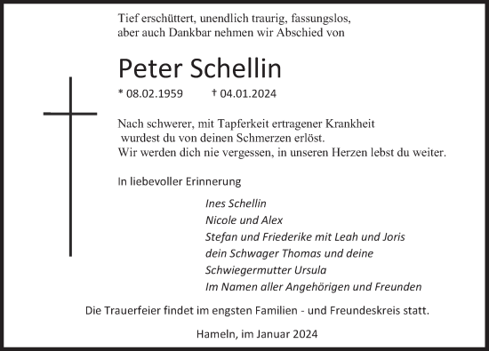 Traueranzeige von Peter Schellin von Deister- und Weserzeitung