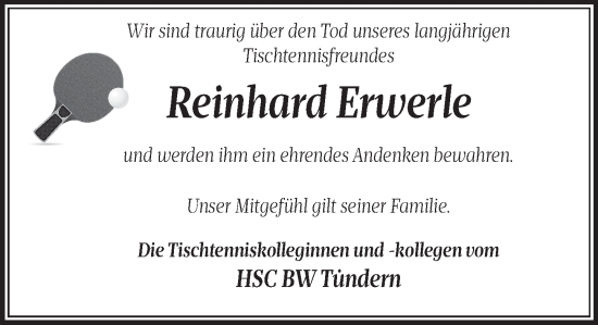 Traueranzeige von Reinhard Erwerle von Deister- und Weserzeitung