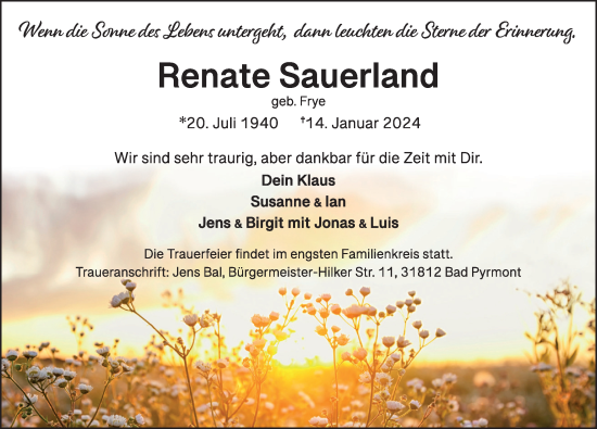 Traueranzeige von Renate Sauerland von Deister- und Weserzeitung