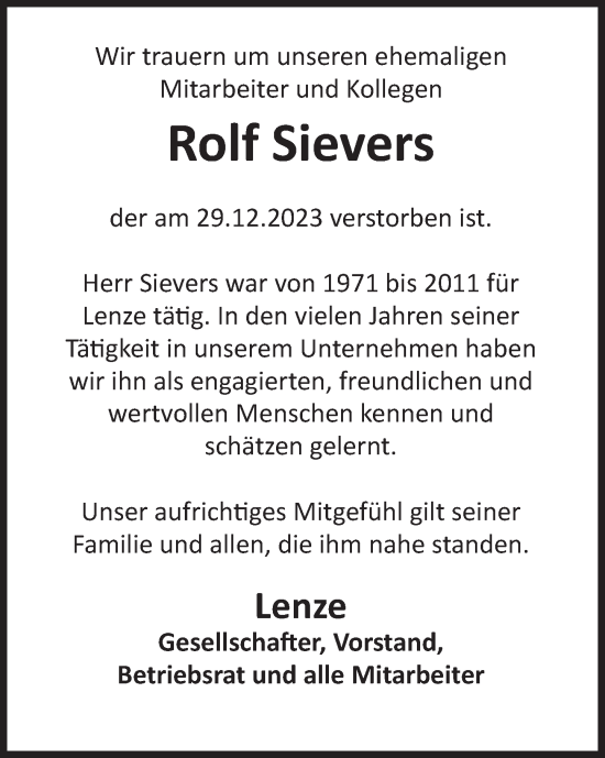 Traueranzeige von Rolf Sievers von Deister- und Weserzeitung
