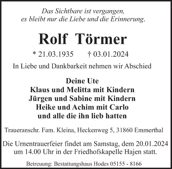 Traueranzeige von Rolf Törmer von Deister- und Weserzeitung