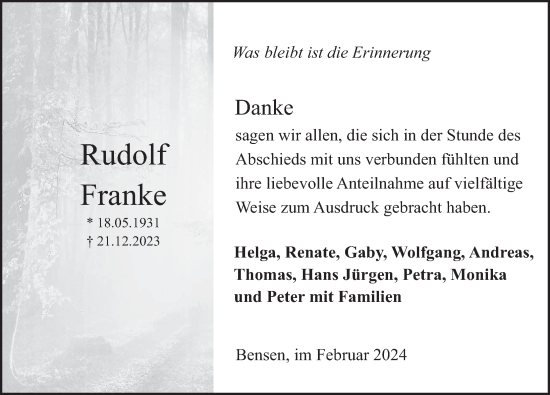Traueranzeige von Rudolf Franke von Deister- und Weserzeitung