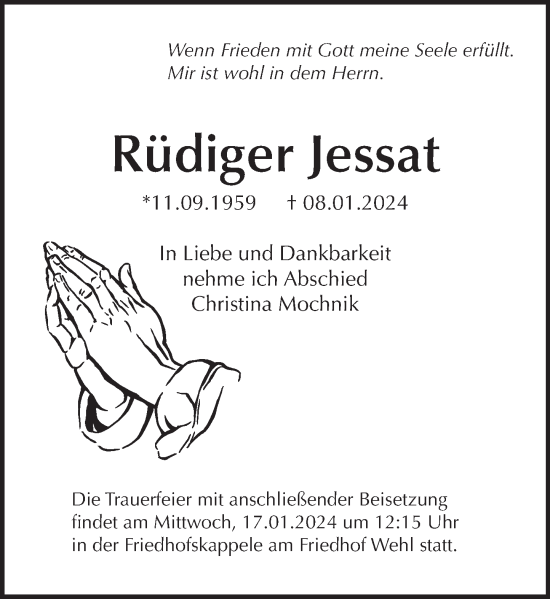 Traueranzeige von Rüdiger Jessat von Deister- und Weserzeitung