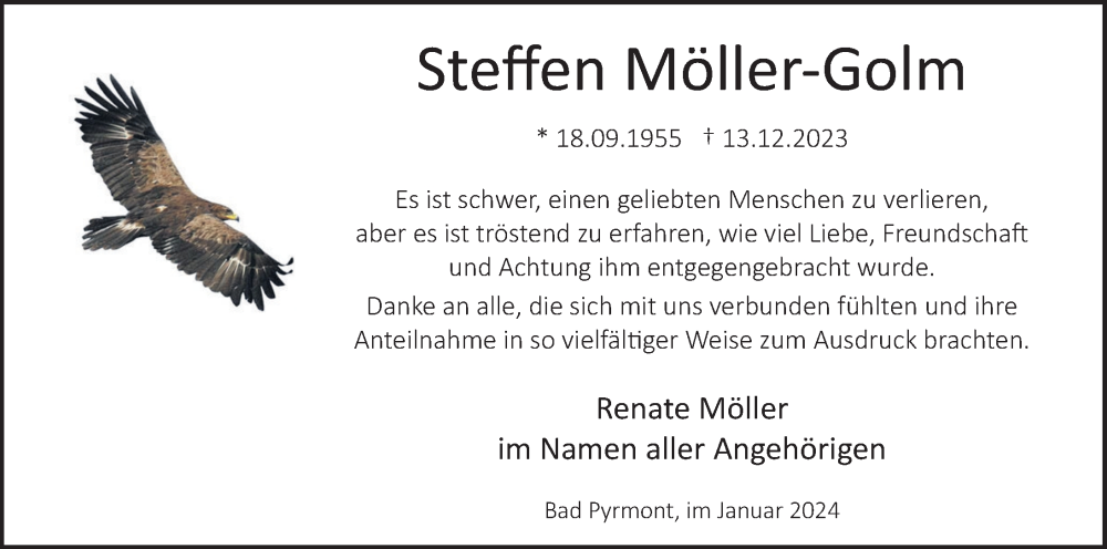  Traueranzeige für Steffen Möller-Golm vom 06.01.2024 aus Deister- und Weserzeitung