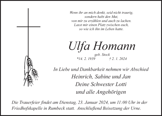 Traueranzeige von Ulfa Homann von Deister- und Weserzeitung