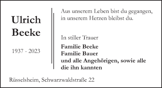 Traueranzeige von Ulrich Beeke von Deister- und Weserzeitung