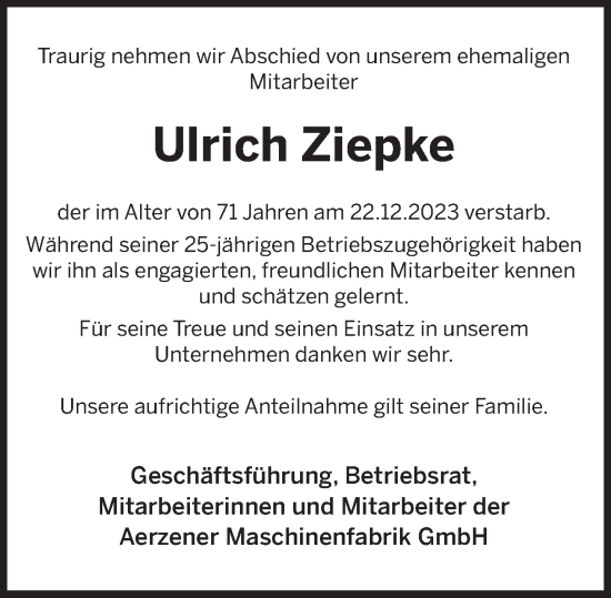 Traueranzeige von Ulrich Ziepke von Deister- und Weserzeitung