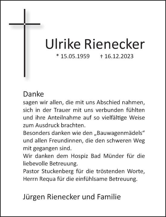 Traueranzeige von Ulrike Rienecker von Neue Deister-Zeitung