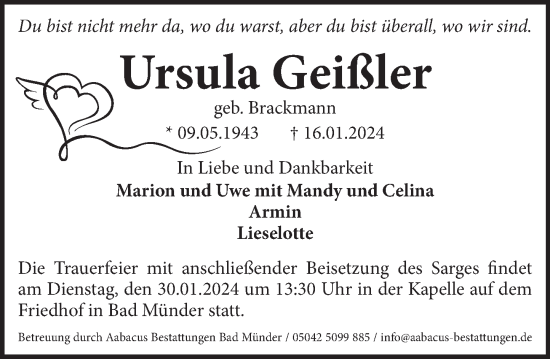 Traueranzeige von Ursula Geißler von Neue Deister-Zeitung