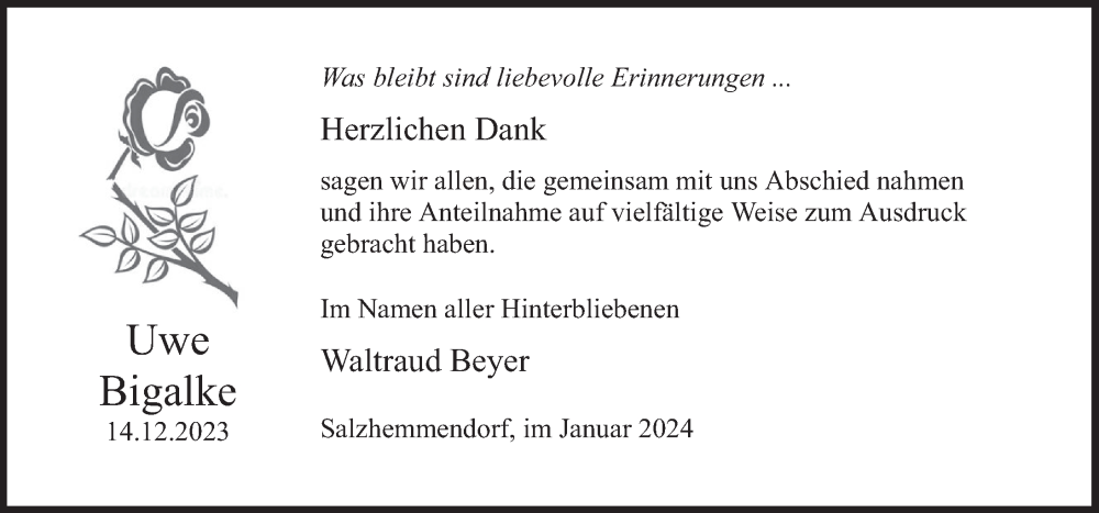  Traueranzeige für Uwe Bigalke vom 12.01.2024 aus Deister- und Weserzeitung