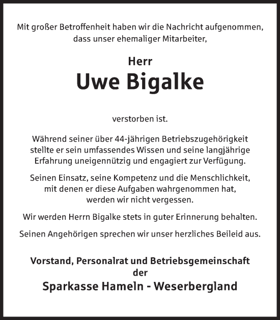 Traueranzeige von Uwe Bigalke von Deister- und Weserzeitung