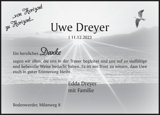 Traueranzeige von Uwe Dreyer von Deister- und Weserzeitung