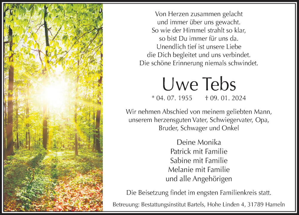  Traueranzeige für Uwe Tebs vom 27.01.2024 aus Deister- und Weserzeitung