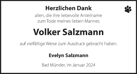 Traueranzeige von Volker Salzmann von Deister- und Weserzeitung