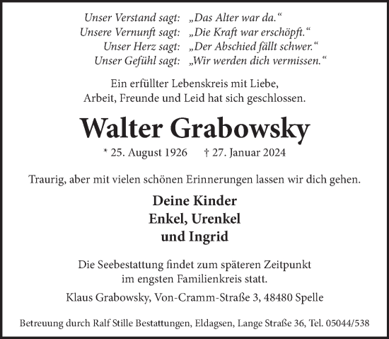 Traueranzeige von Walter Grabowsky von Neue Deister-Zeitung