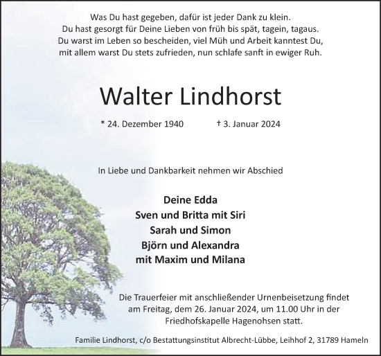 Traueranzeige von Walter Lindhorst von Deister- und Weserzeitung