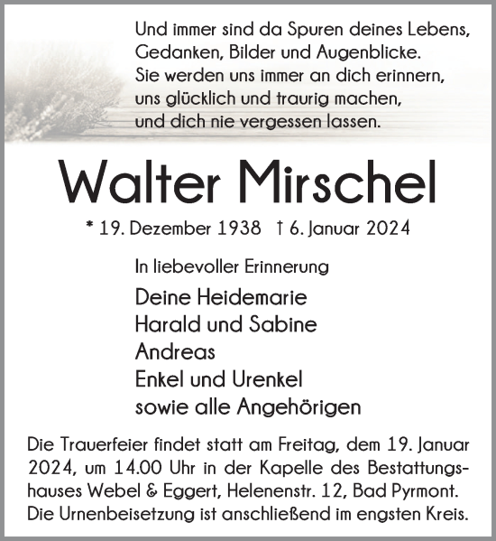 Traueranzeige von Walter Mirschel von Deister- und Weserzeitung