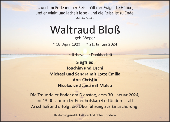 Traueranzeige von Waltraud Bloß von Deister- und Weserzeitung