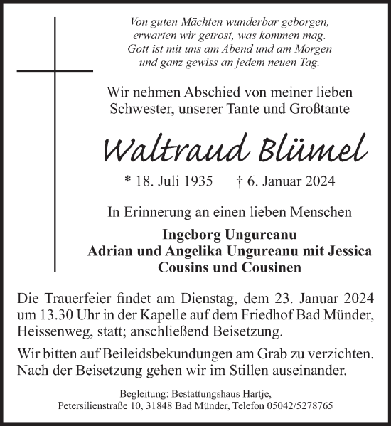 Traueranzeige von Waltraud Blümel von Neue Deister-Zeitung