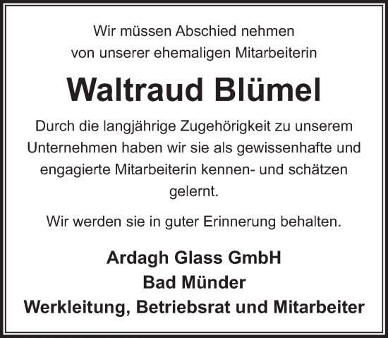 Traueranzeige von Waltraud Blümel von Neue Deister-Zeitung